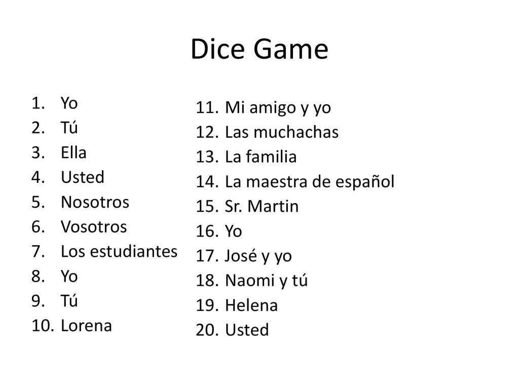 Dice Game Yo Mi amigo y yo Tú Las muchachas Ella La familia Usted