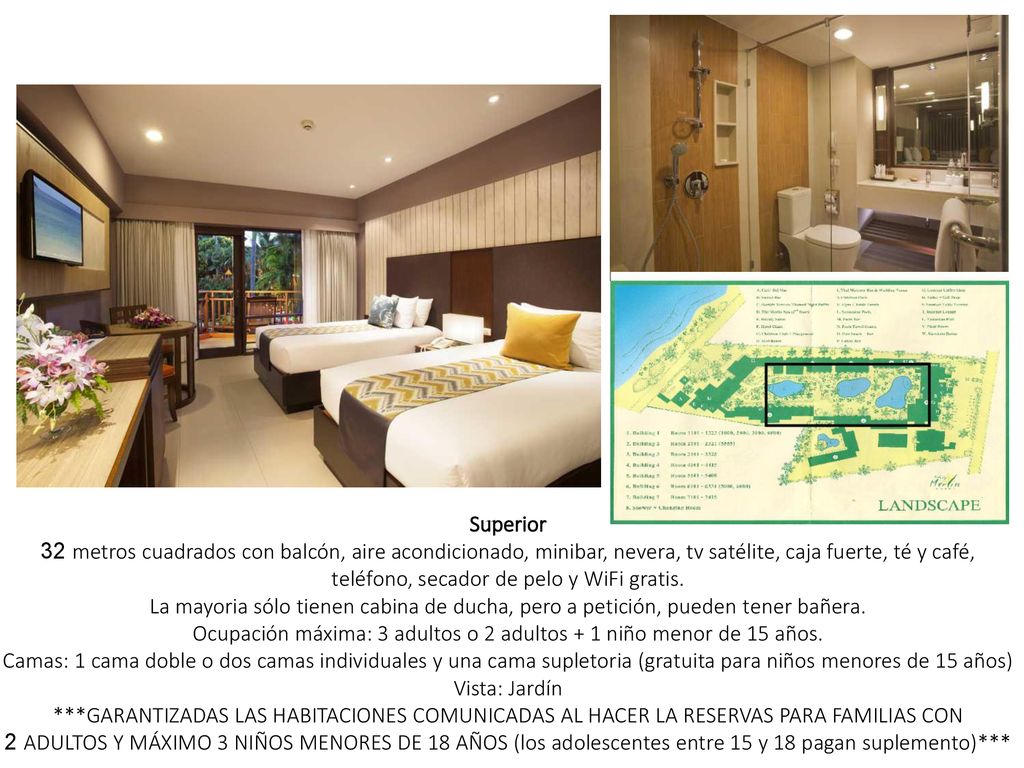 Superior 32 metros cuadrados con balcón, aire acondicionado, minibar, nevera, tv satélite, caja fuerte, té y café, teléfono, secador de pelo y WiFi gratis. La mayoria sólo tienen cabina de ducha, pero a petición, pueden tener bañera. Ocupación máxima: 3 adultos o 2 adultos + 1 niño menor de 15 años. Camas: 1 cama doble o dos camas individuales y una cama supletoria (gratuita para niños menores de 15 años) Vista: Jardín ***GARANTIZADAS LAS HABITACIONES COMUNICADAS AL HACER LA RESERVAS PARA FAMILIAS CON 2 ADULTOS Y MÁXIMO 3 NIÑOS MENORES DE 18 AÑOS (los adolescentes entre 15 y 18 pagan suplemento)***