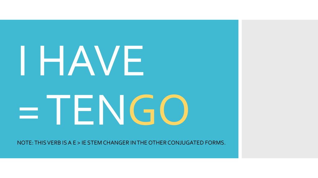 I HAVE = TENGO NOTE: THIS VERB IS A E > IE STEM CHANGER IN THE OTHER CONJUGATED FORMS.