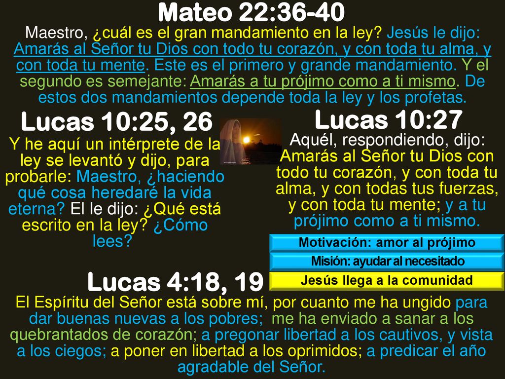 Mateo 22:36-40 Lucas 10:25, 26 Lucas 10:27 Lucas 4:18, 19