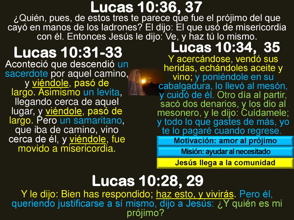 Lucas 10:36, 37 Lucas 10:31-33 Lucas 10:28, 29 Lucas 10:34, 35