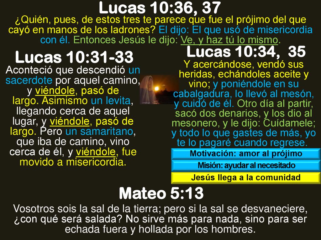 Lucas 10:36, 37 Lucas 10:31-33 Mateo 5:13 Lucas 10:34, 35