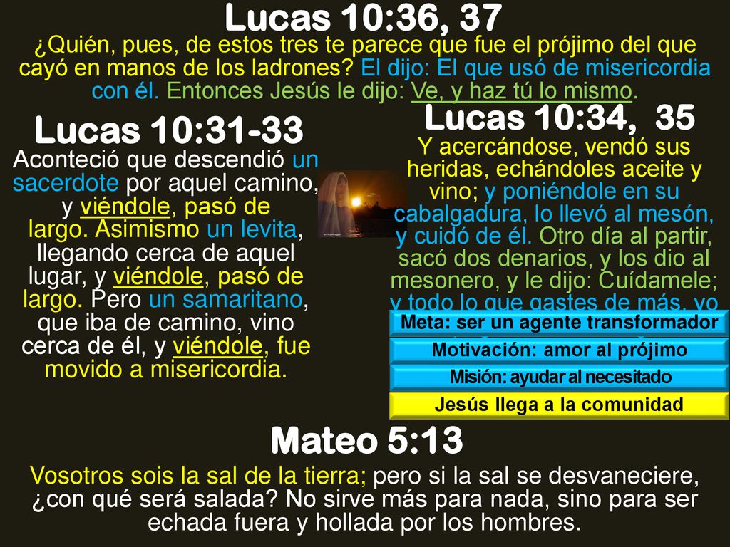 Lucas 10:36, 37 Lucas 10:31-33 Mateo 5:13 Lucas 10:34, 35