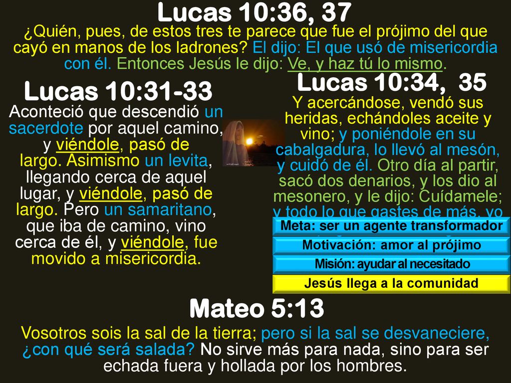 Lucas 10:36, 37 Lucas 10:31-33 Mateo 5:13 Lucas 10:34, 35