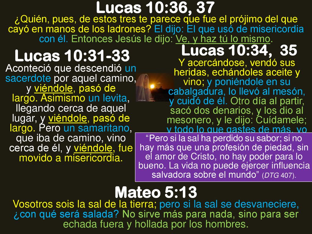 Lucas 10:36, 37 Lucas 10:31-33 Mateo 5:13 Lucas 10:34, 35