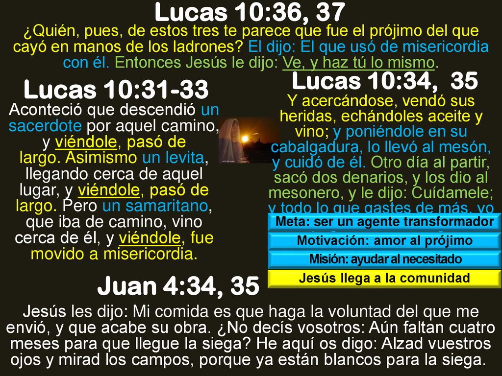 Lucas 10:36, 37 Lucas 10:31-33 Juan 4:34, 35 Lucas 10:34, 35