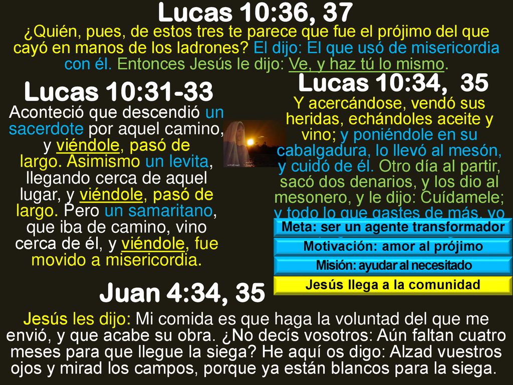 Lucas 10:36, 37 Lucas 10:31-33 Juan 4:34, 35 Lucas 10:34, 35