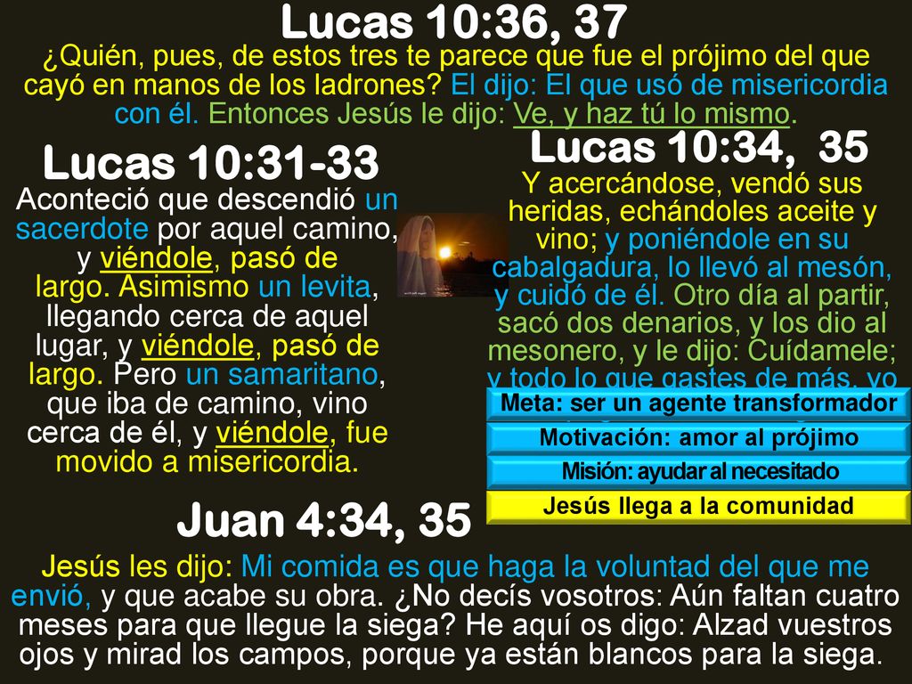 Lucas 10:36, 37 Lucas 10:31-33 Juan 4:34, 35 Lucas 10:34, 35