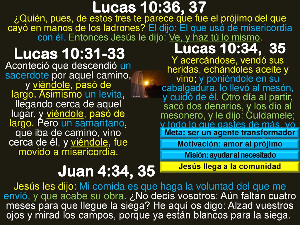 Lucas 10:36, 37 Lucas 10:31-33 Juan 4:34, 35 Lucas 10:34, 35