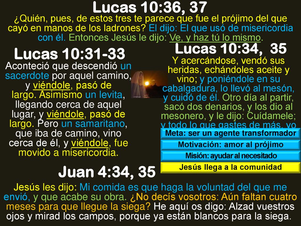Lucas 10:36, 37 Lucas 10:31-33 Juan 4:34, 35 Lucas 10:34, 35