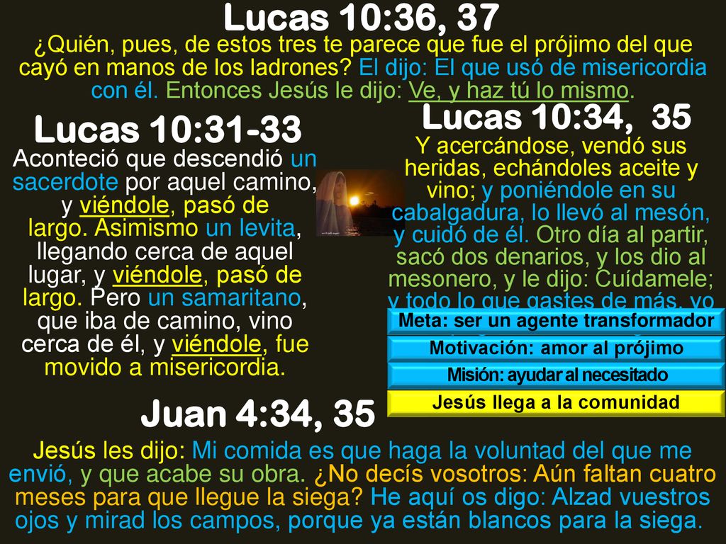 Lucas 10:36, 37 Lucas 10:31-33 Juan 4:34, 35 Lucas 10:34, 35