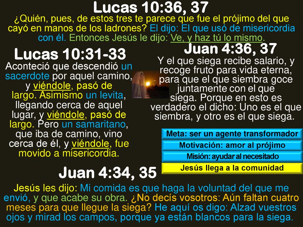 Lucas 10:36, 37 Lucas 10:31-33 Juan 4:34, 35 Juan 4:36, 37