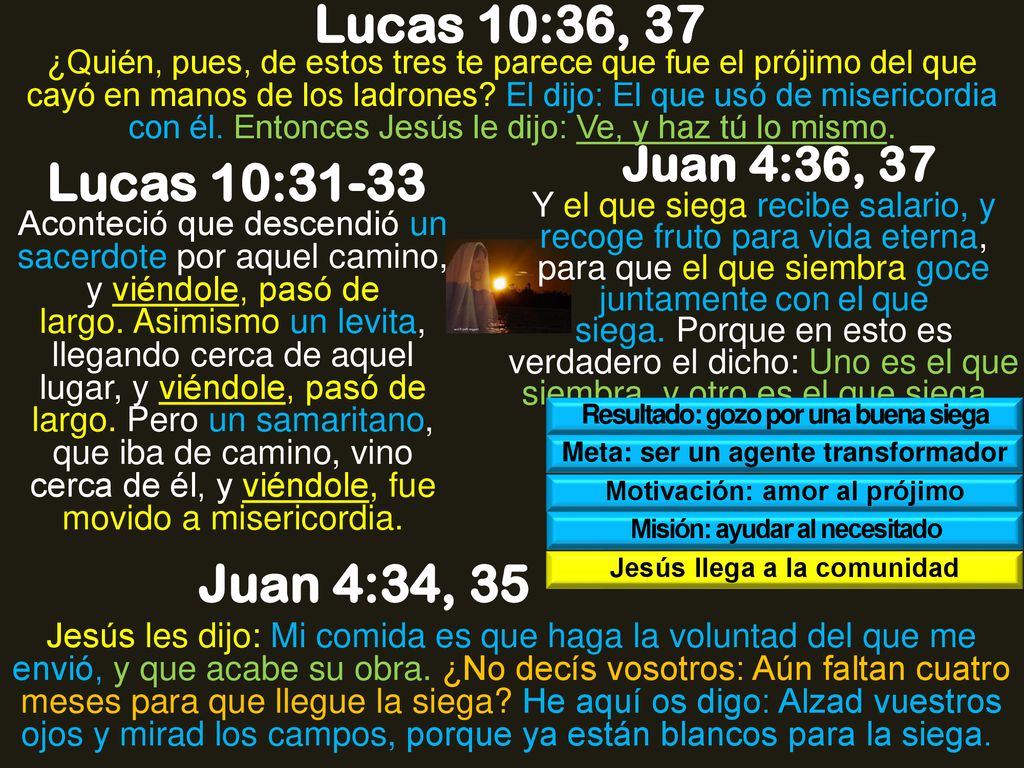 Lucas 10:36, 37 Lucas 10:31-33 Juan 4:34, 35 Juan 4:36, 37