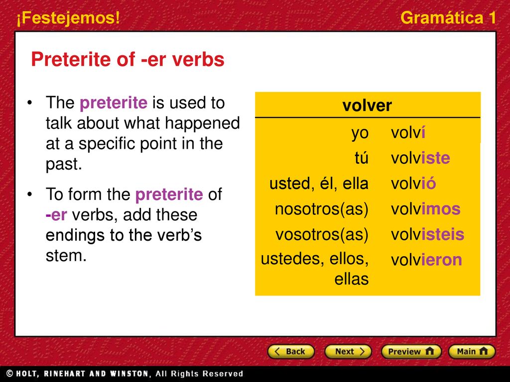 Preterite of -er verbs The preterite is used to talk about what happened at a specific point in the past.