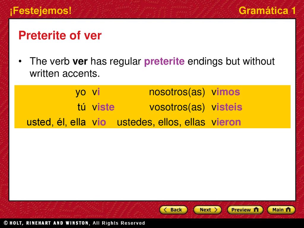 Preterite of ver The verb ver has regular preterite endings but without written accents. yo. vi. nosotros(as)