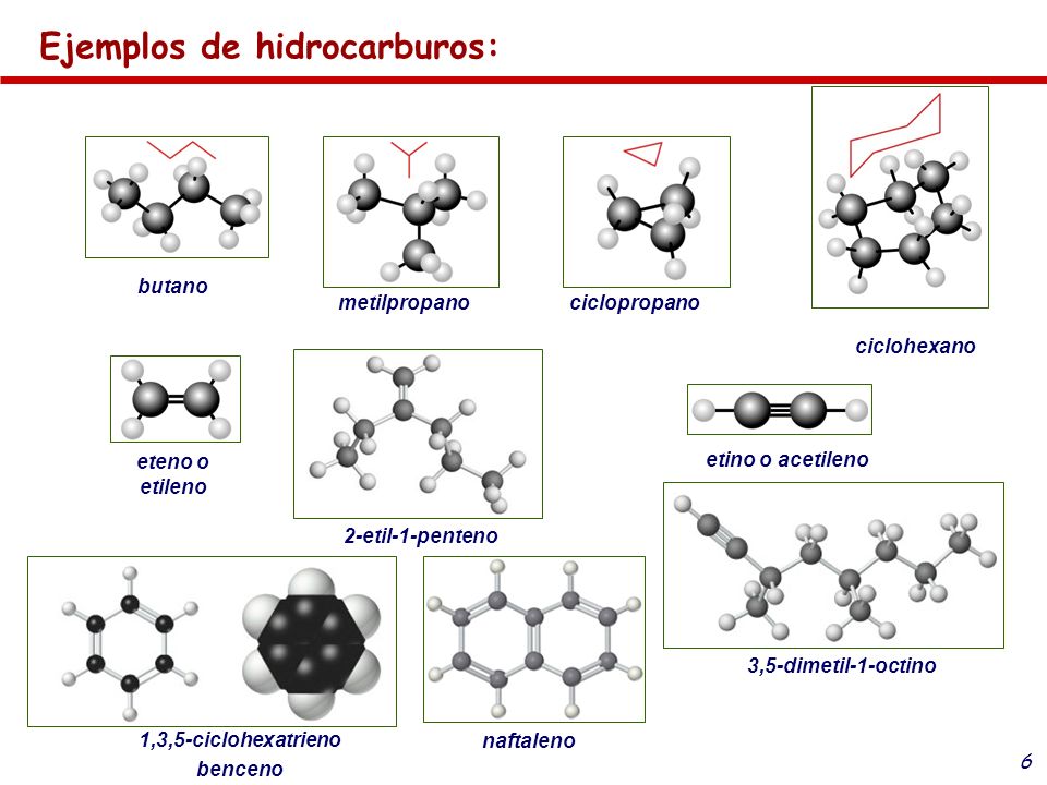 Ejemplos de hidrocarburos: