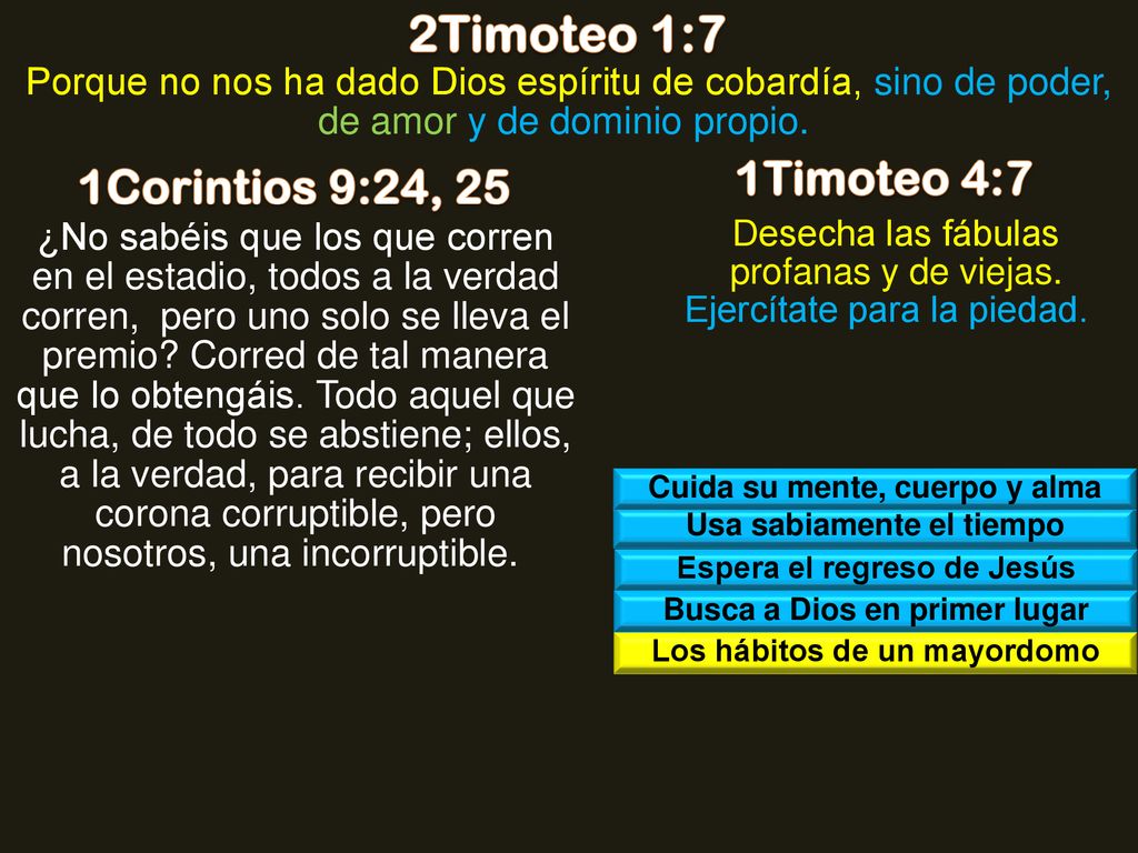 2Timoteo 1:7 1Timoteo 4:7 1Corintios 9:24, 25