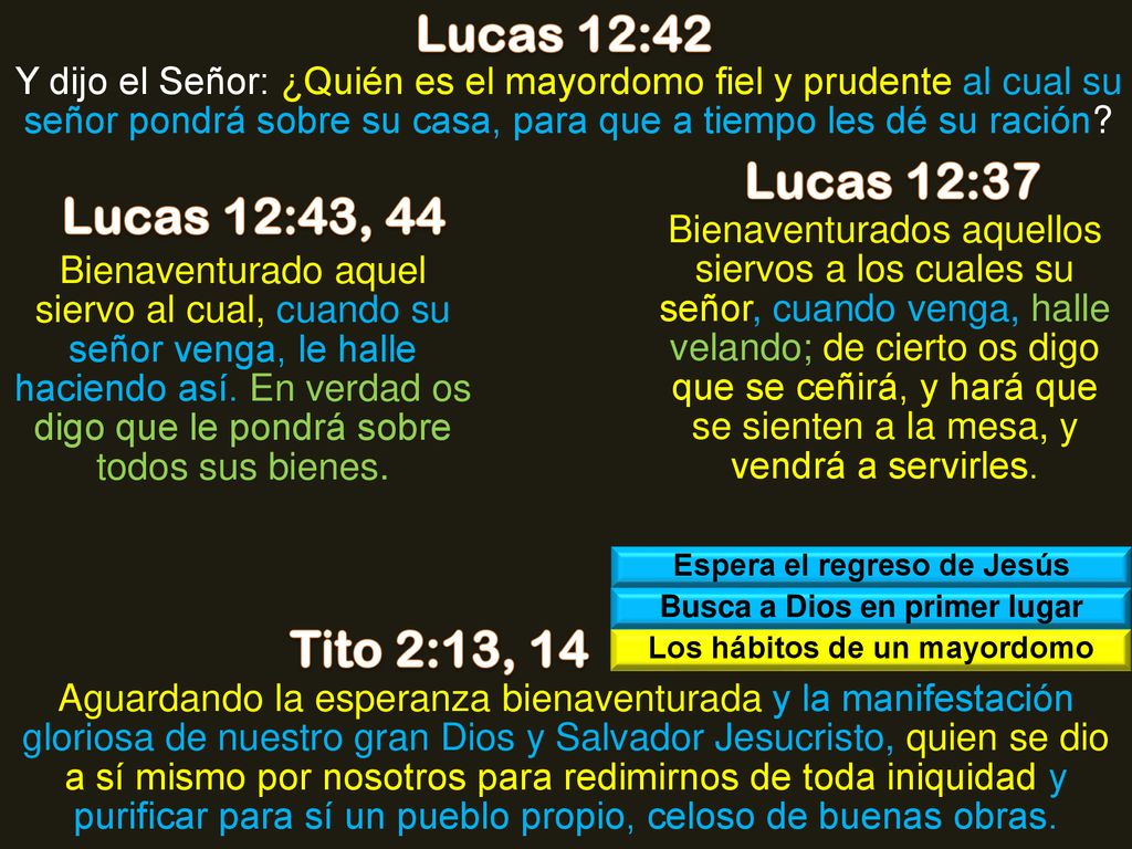 Lucas 12:42 Lucas 12:37 Lucas 12:43, 44 Tito 2:13, 14