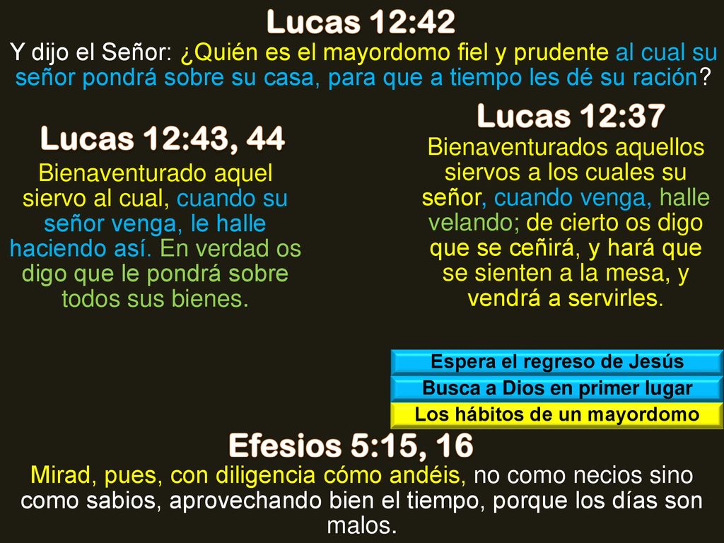 Lucas 12:42 Lucas 12:37 Lucas 12:43, 44 Efesios 5:15, 16