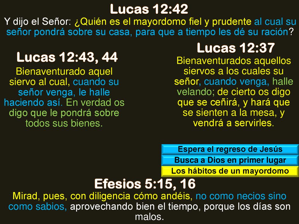 Lucas 12:42 Lucas 12:37 Lucas 12:43, 44 Efesios 5:15, 16