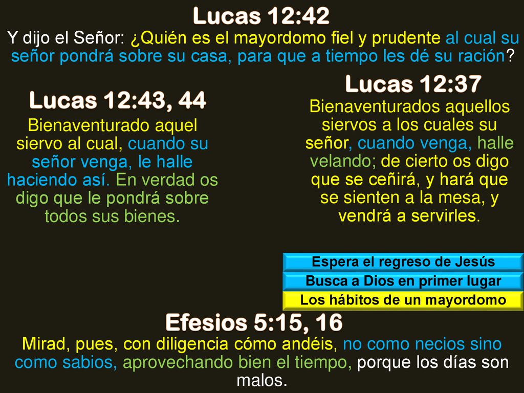 Lucas 12:42 Lucas 12:37 Lucas 12:43, 44 Efesios 5:15, 16