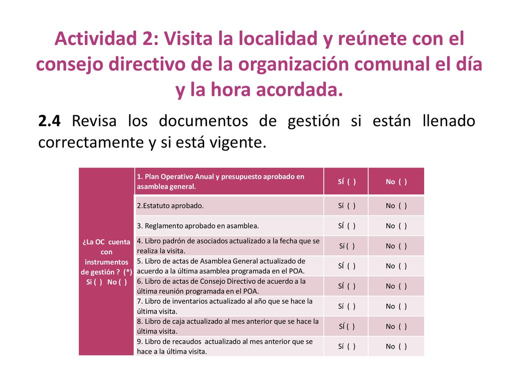 ¿La OC cuenta con instrumentos de gestión (*) Si ( ) No ( )