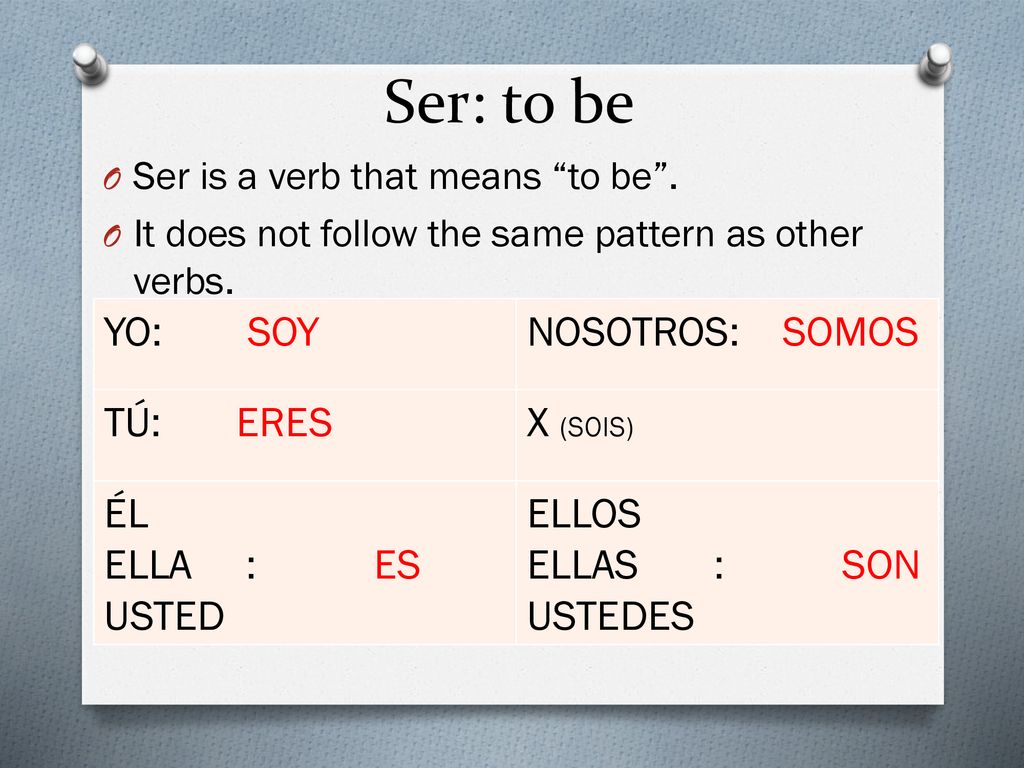 Ser: to be YO: SOY NOSOTROS: SOMOS TÚ: ERES X (SOIS) ÉL ELLA : ES