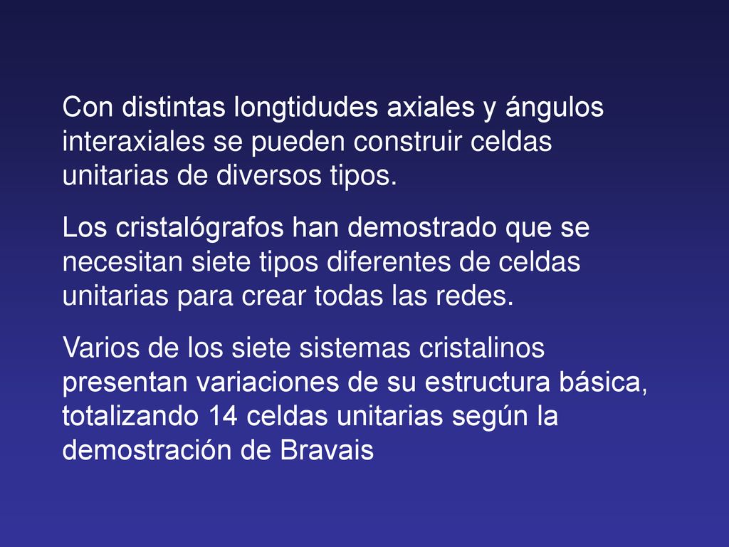 Con distintas longtidudes axiales y ángulos interaxiales se pueden construir celdas unitarias de diversos tipos.