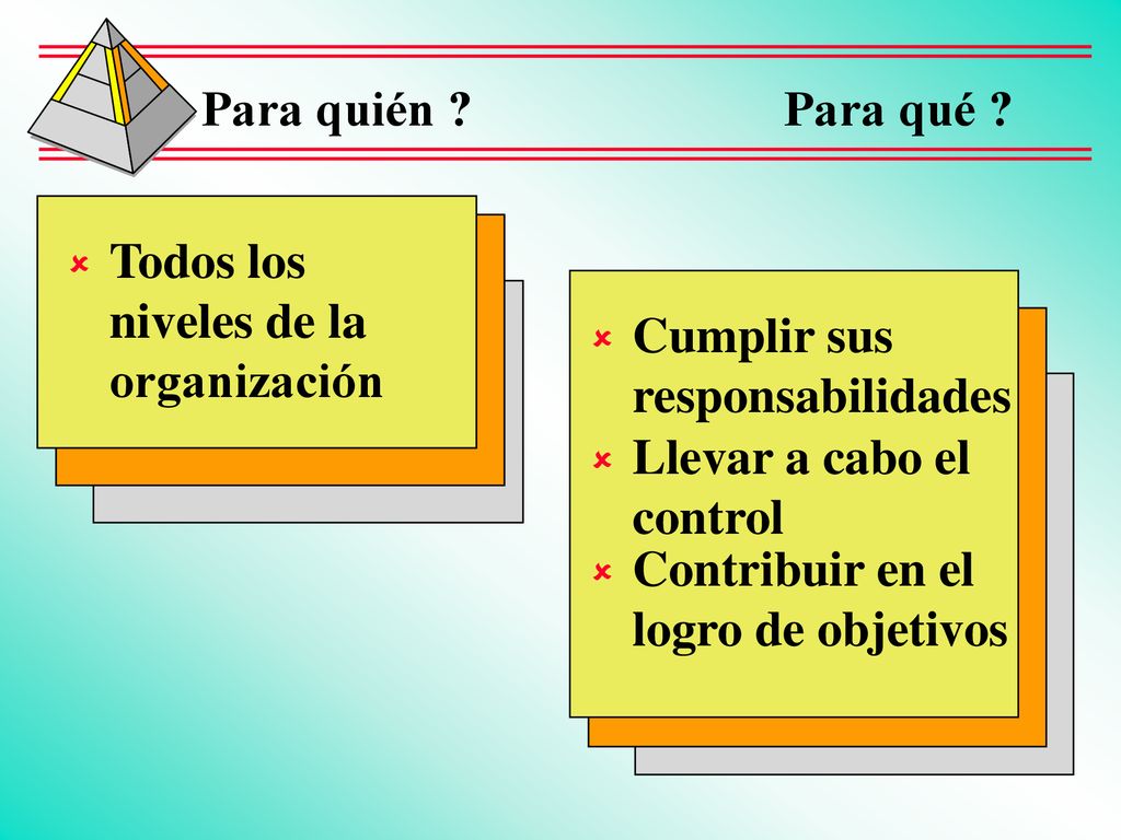 Para quién Para qué Todos los niveles de la organización. Llevar a cabo el control.