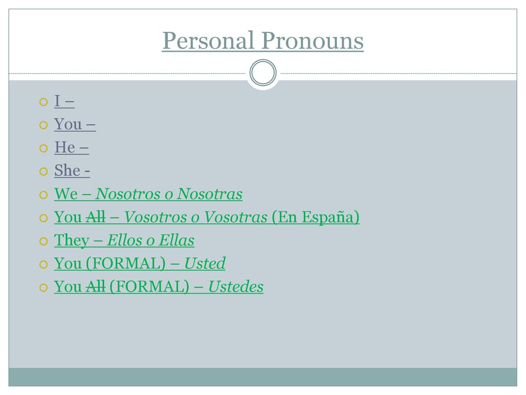 Personal Pronouns I – You – He – She - We – Nosotros o Nosotras
