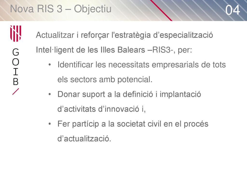 Nova RIS 3 – Objectiu 04. Actualitzar i reforçar l estratègia d’especialització Intel·ligent de les Illes Balears –RIS3-, per:
