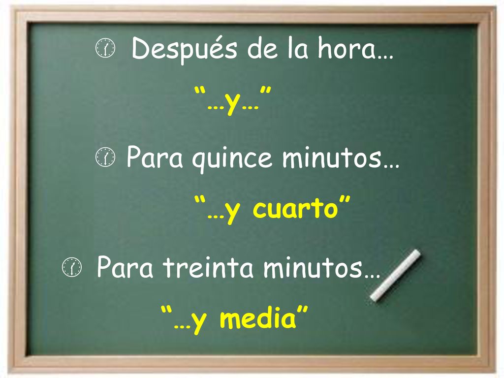Después de la hora… …y… Para quince minutos… …y cuarto Para treinta minutos… …y media
