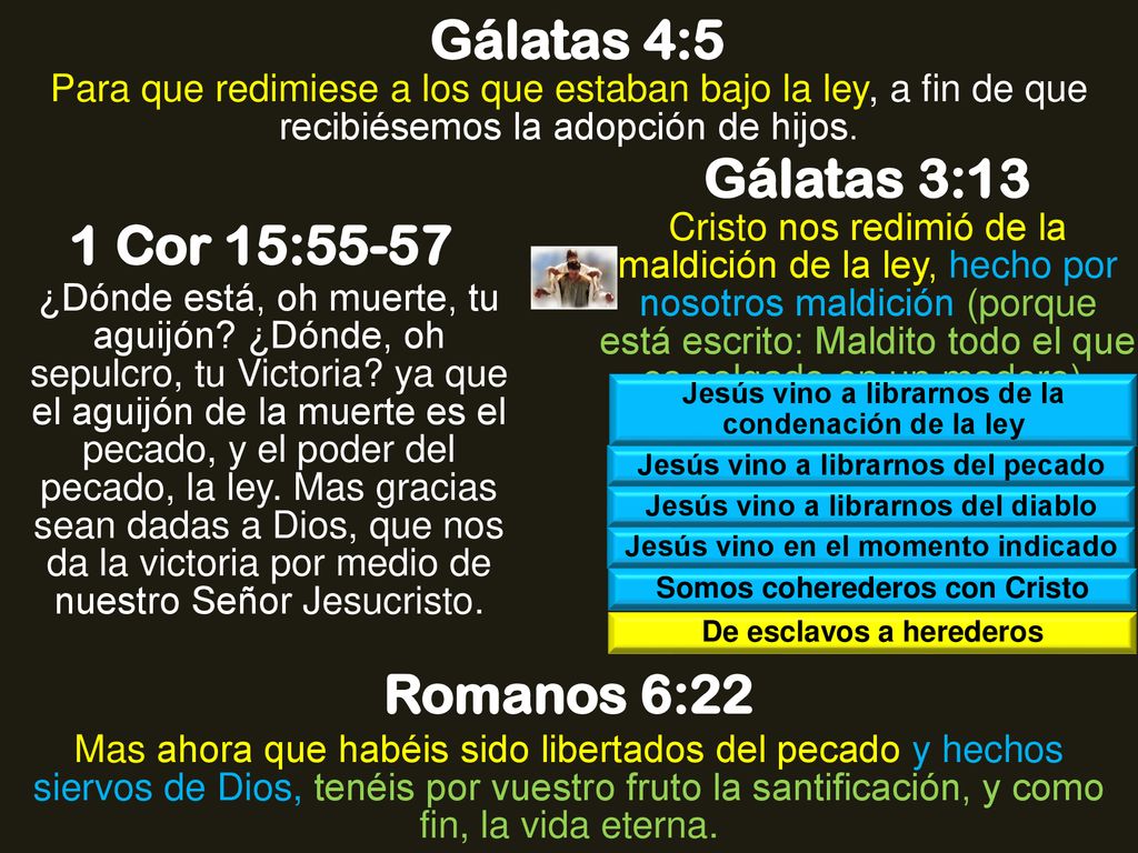 Gálatas 4:5 Gálatas 3:13 1 Cor 15:55-57 Romanos 6:22