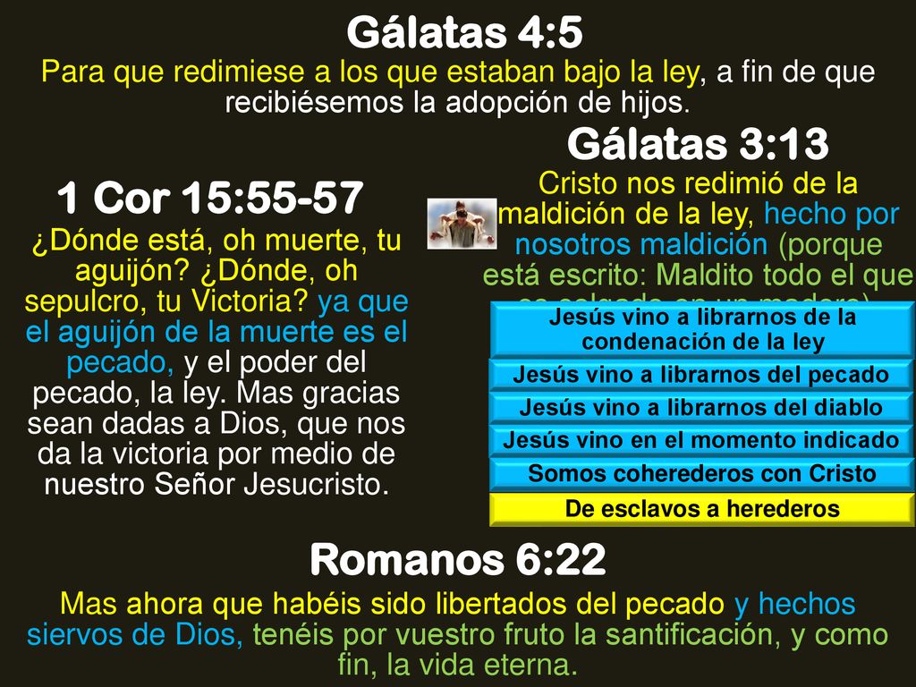 Gálatas 4:5 Gálatas 3:13 1 Cor 15:55-57 Romanos 6:22