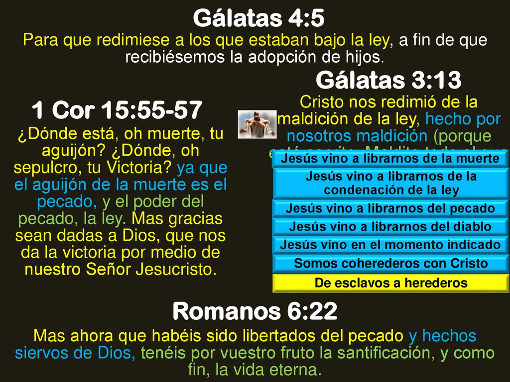 Gálatas 4:5 Gálatas 3:13 1 Cor 15:55-57 Romanos 6:22