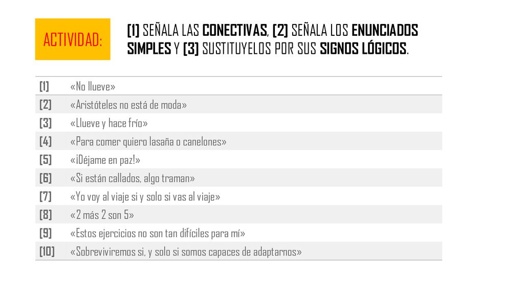 ACTIVIDAD: [1] SEÑALA LAS CONECTIVAS, [2] SEÑALA LOS ENUNCIADOS SIMPLES Y [3] SUSTITUYELOS POR SUS SIGNOS LÓGICOS.