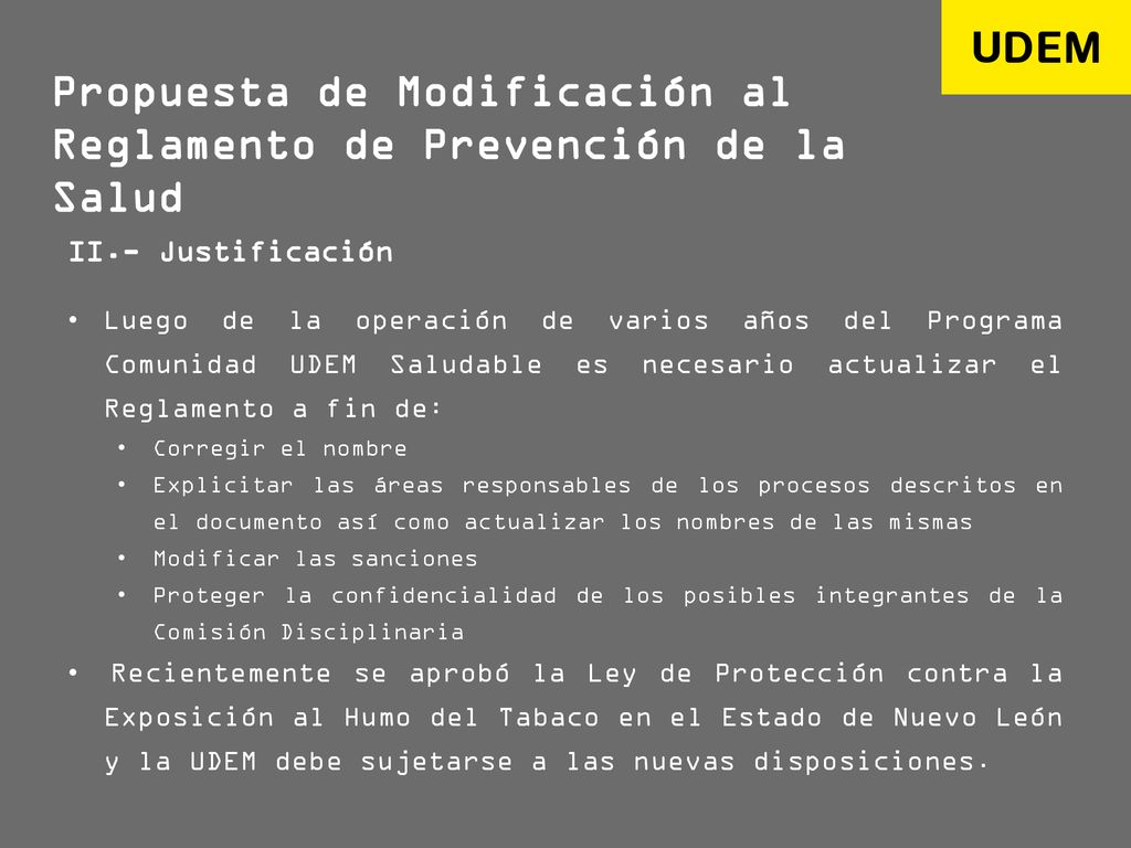 Propuesta de Modificación al Reglamento de Prevención de la Salud