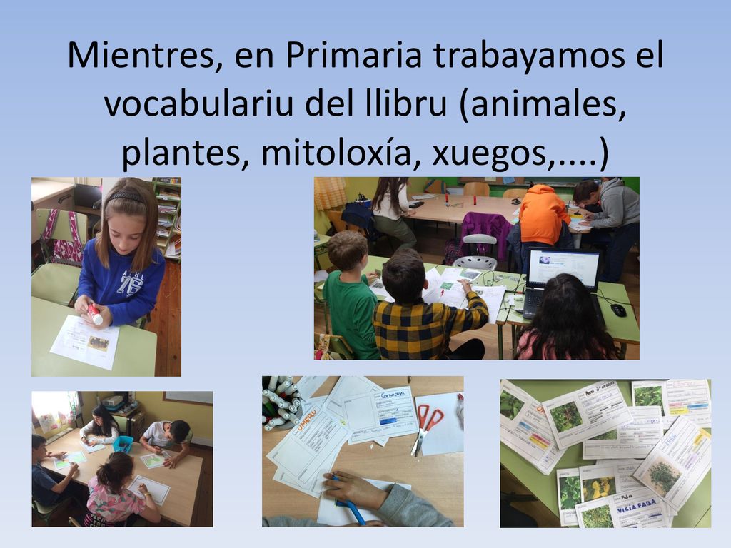 Mientres, en Primaria trabayamos el vocabulariu del llibru (animales, plantes, mitoloxía, xuegos,....)
