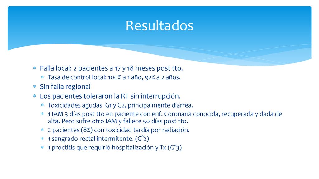 Resultados Falla local: 2 pacientes a 17 y 18 meses post tto.