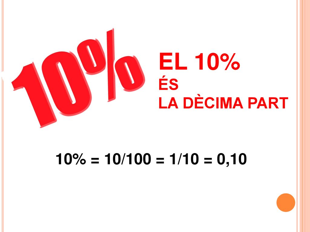 EL 10% ÉS LA DÈCIMA PART 10% = 10/100 = 1/10 = 0,10