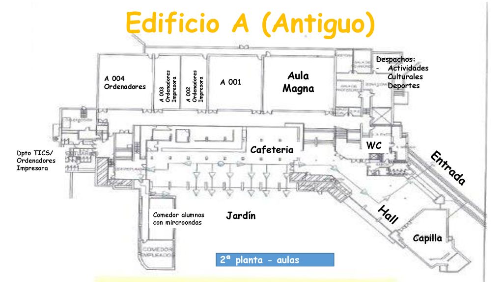 Edificio A (Antiguo) Entrada Hall Aula Magna WC Cafeteria Jardín