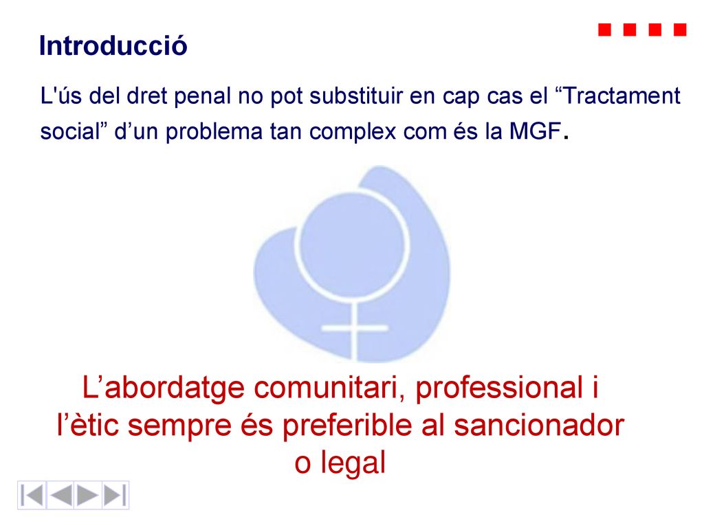 Introducció L ús del dret penal no pot substituir en cap cas el Tractament social d’un problema tan complex com és la MGF.