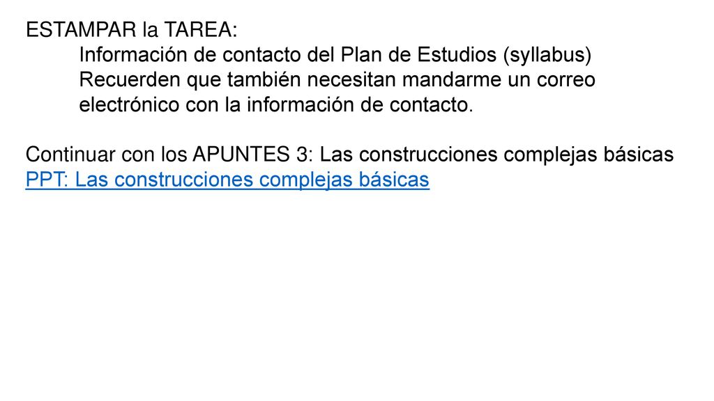 ESTAMPAR la TAREA: Información de contacto del Plan de Estudios (syllabus)