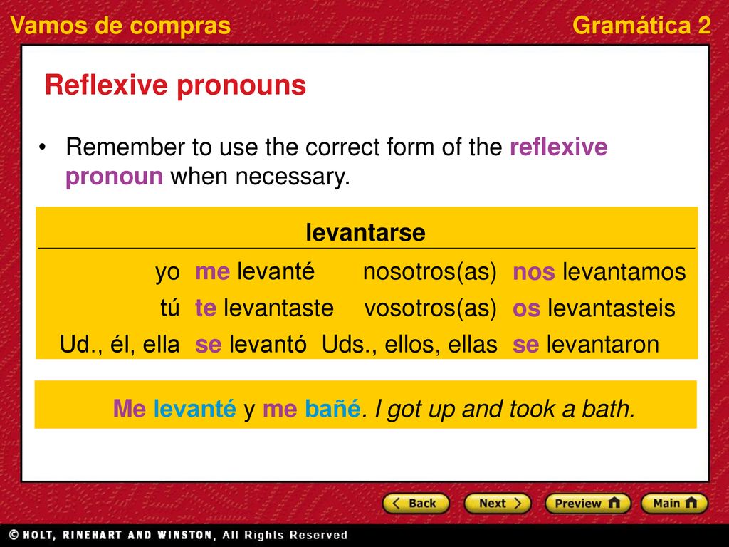 Reflexive pronouns Remember to use the correct form of the reflexive pronoun when necessary. levantarse.