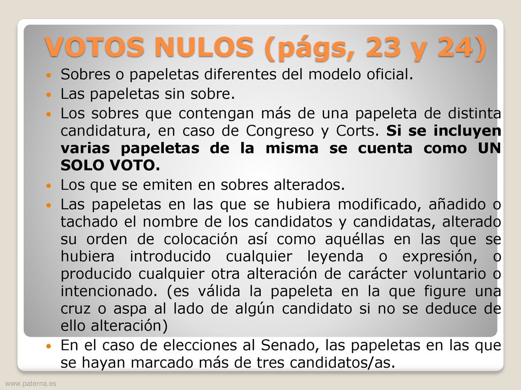 VOTOS NULOS (págs, 23 y 24) Sobres o papeletas diferentes del modelo oficial. Las papeletas sin sobre.