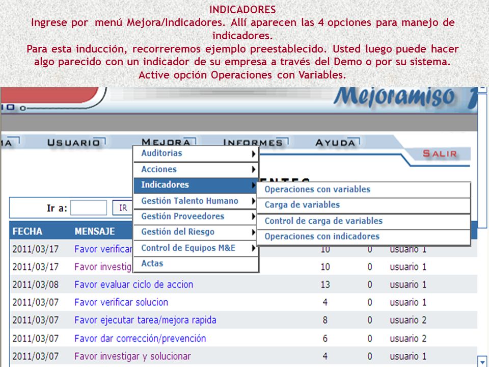 INDICADORES Ingrese por menú Mejora/Indicadores. Allí aparecen las 4 opciones para manejo de indicadores.