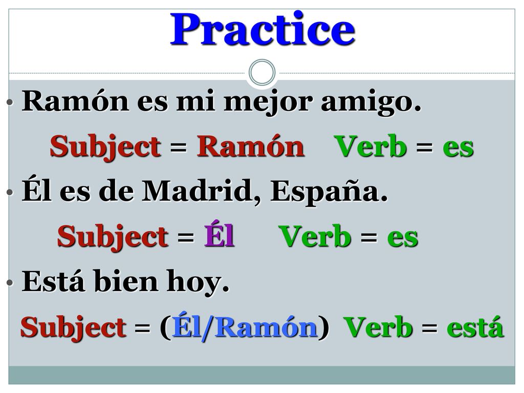 Practice Ramón es mi mejor amigo. Subject = Ramón Verb = es