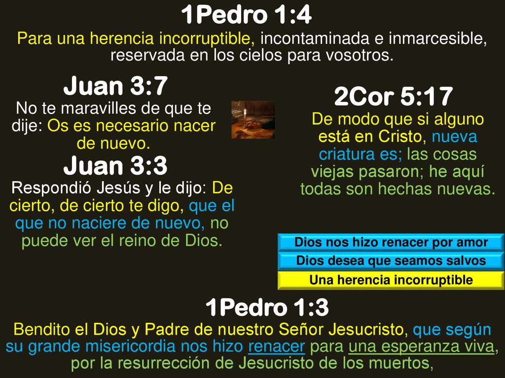 1Pedro 1:4 Juan 3:7 2Cor 5:17 Juan 3:3