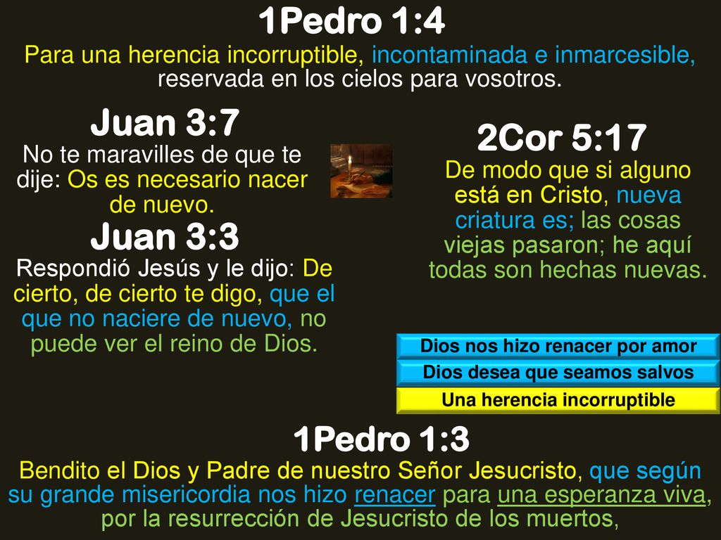 1Pedro 1:4 Juan 3:7 2Cor 5:17 Juan 3:3