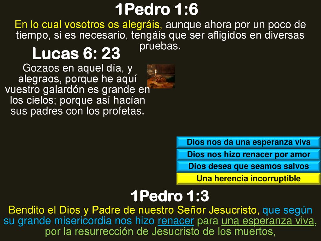 1Pedro 1:6 En lo cual vosotros os alegráis, aunque ahora por un poco de tiempo, si es necesario, tengáis que ser afligidos en diversas pruebas.